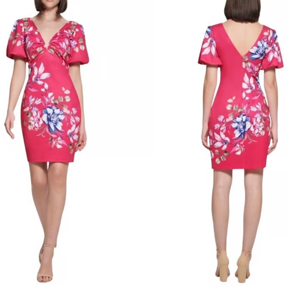 Guess Plunge-Neck Puff-Sleeve Dress